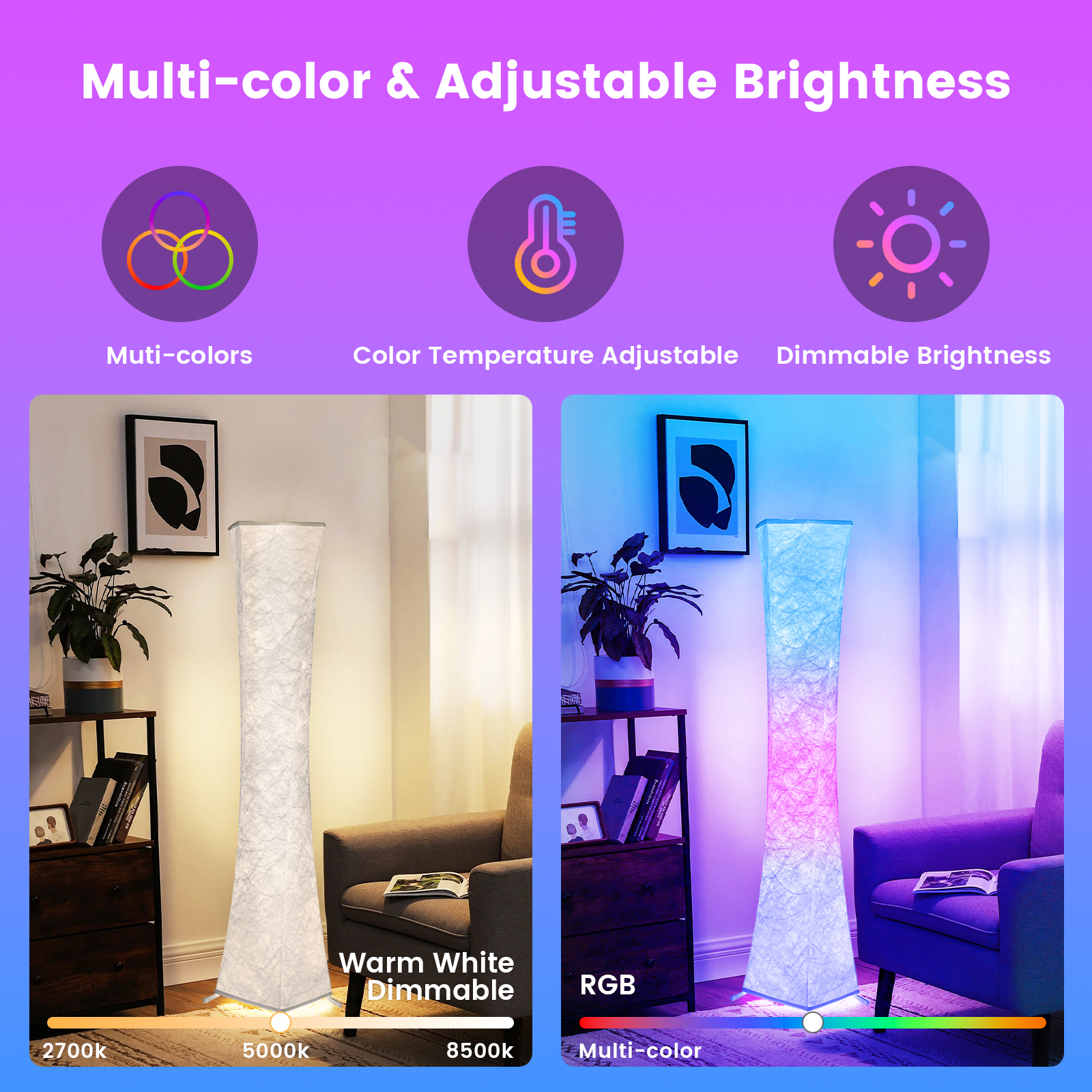 Soft Light LED Floor Lamp, RGB Color Changing Dimmable 61'' Tall Corner Lamps with Remote & Smart App Control, Music Sync, for Living Room Bedroom Game Room, Square - image 4 of 9