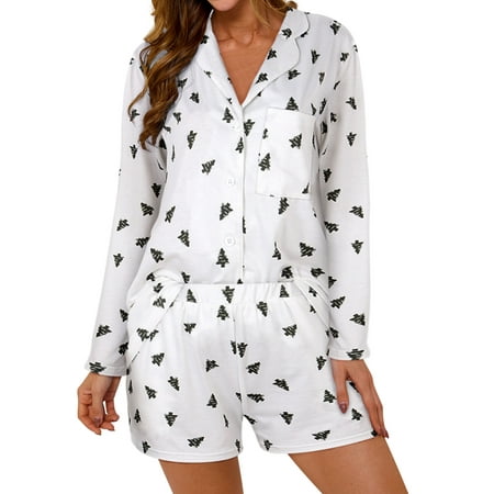

HUBERY Women Lapel V Neck Tree Pattern Long Sleeve Pocket Sleepwear Set