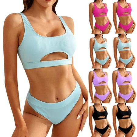 Summer Savings  Summer Women s Split Solid Color  Sexy Skinny Backless Bikini  Trendy Beachwear  Comfortable Swimwear Set for Summer  Stylish Bikini for Women | Sopatenor  Black L