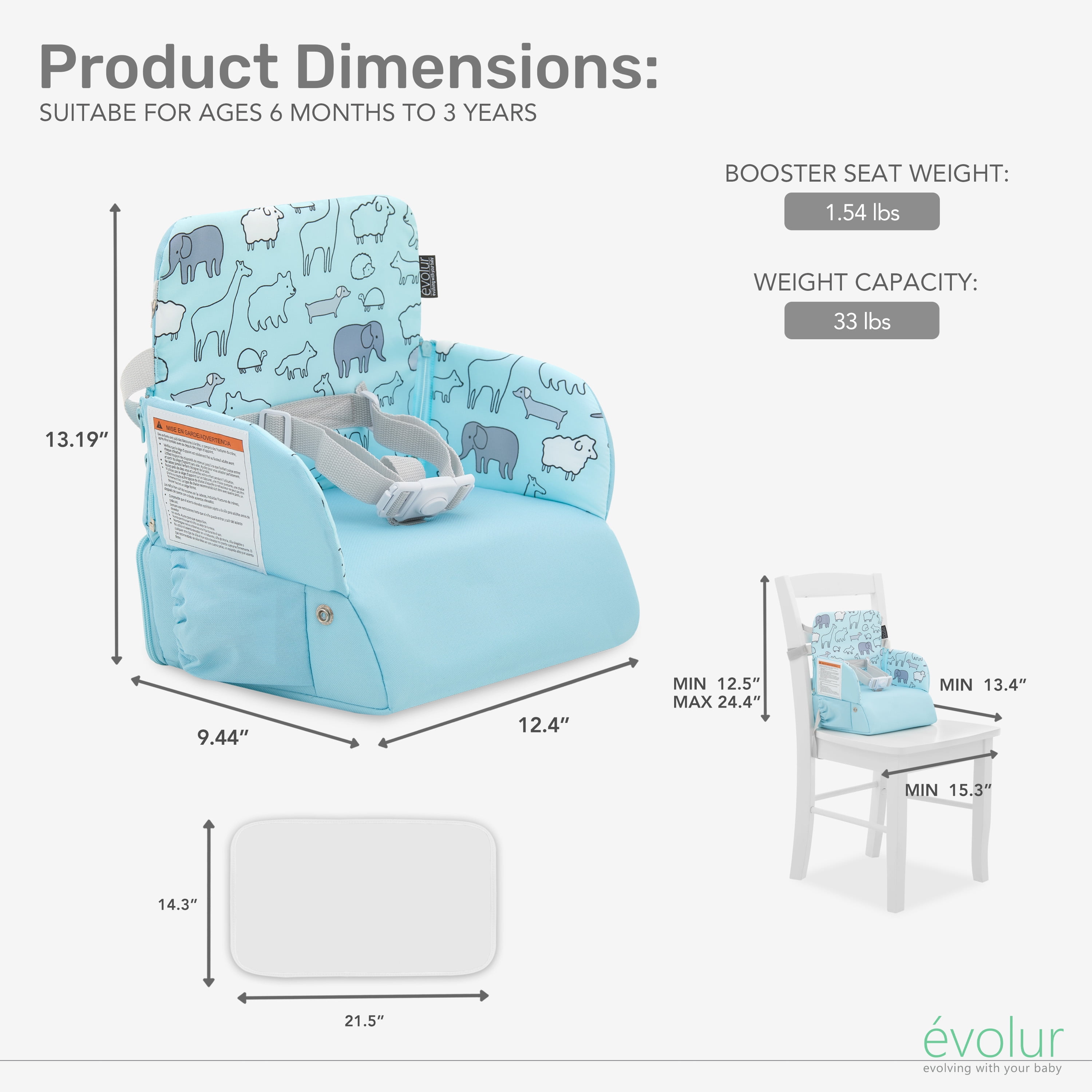 Evolur Snug Packsack 2-in-1 Portable Booster Seat and Travel Bag, Sky Blue