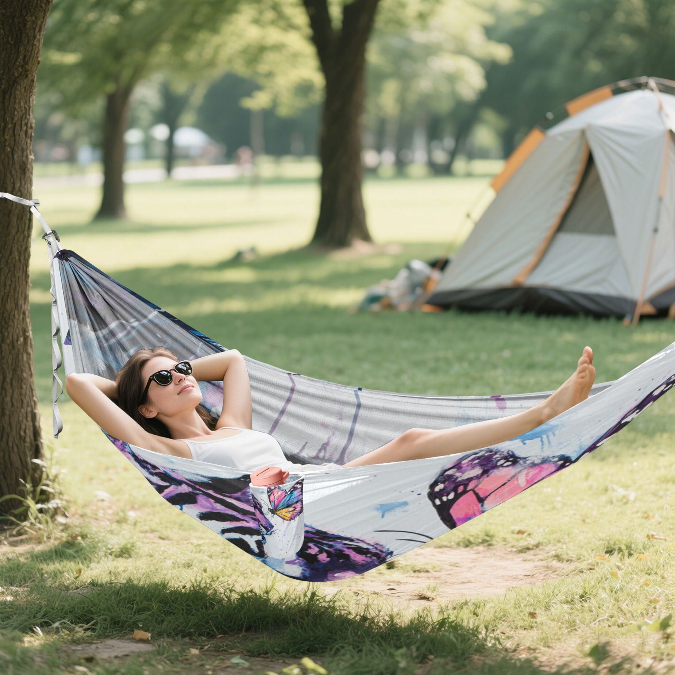 Hammock Camping Hammock Nylon Portable Hammock Travel Camping Hammock Tiger and Colorful Butterflies