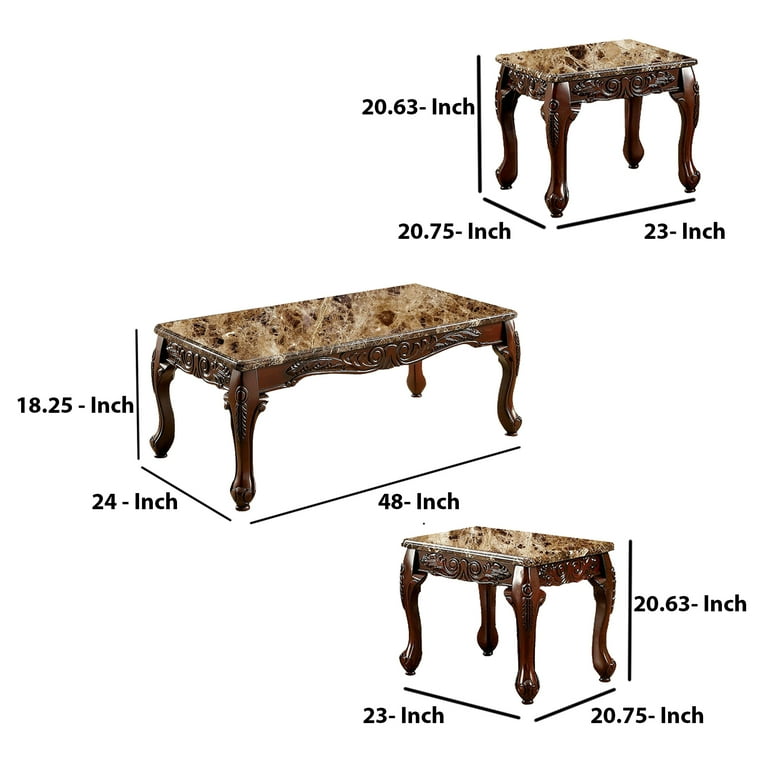3 Piece Table Set With Ivory Marble Top Dark Oak Com 3 Piece Table Set With Ivory Marble Top, Ivory Coffee Table Set