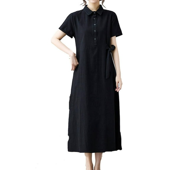 QQAMB Women's Dresses Button Down Lapel Collar Linen Midi Dress Casual Short Sleeve Summer A-Line Tie Waist Shirt Dresses Black M