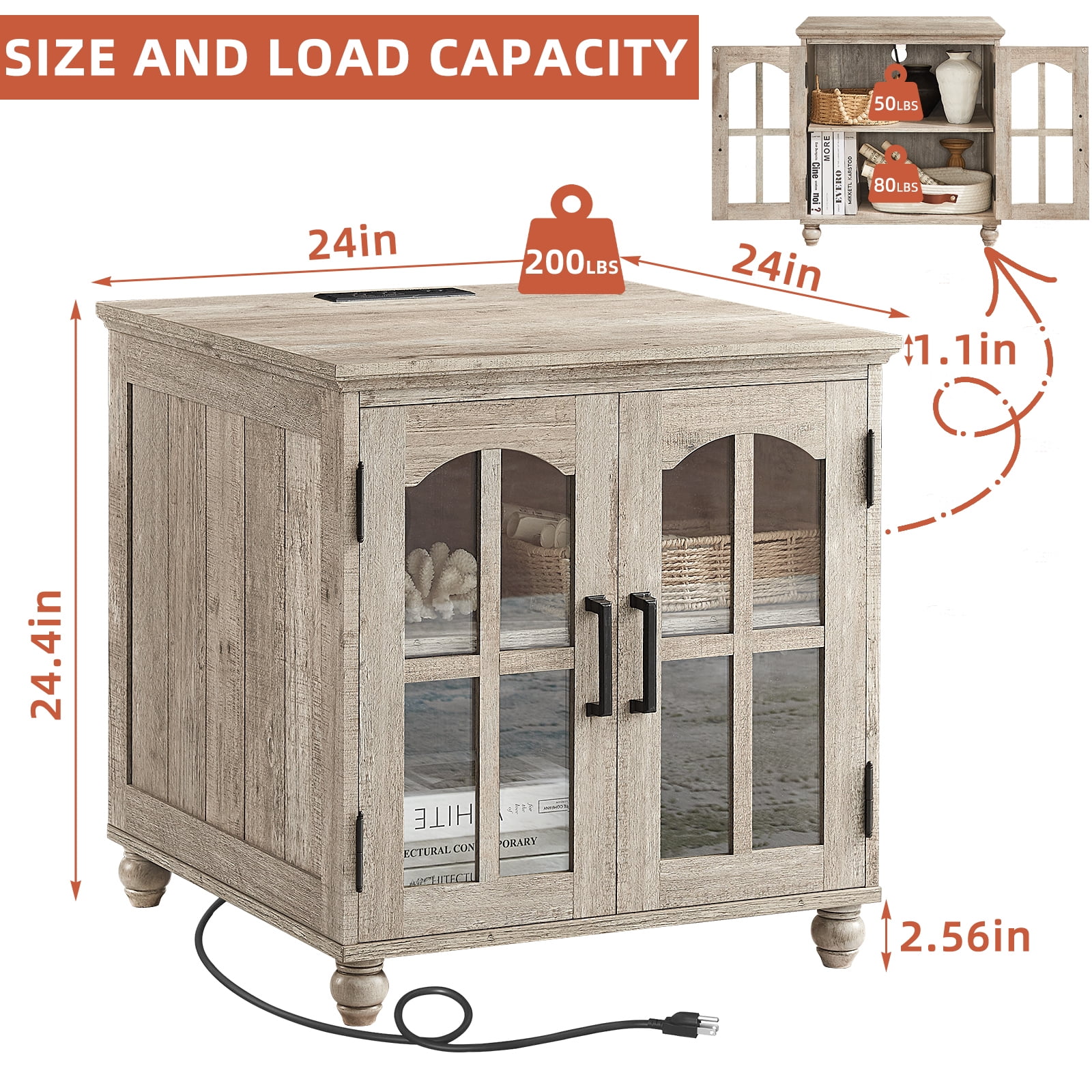 LELELINKY Farmhouse Nightstand with Charging Station, Modern End Side Table with Storage Shelf for Bedroom Living Room Office, White