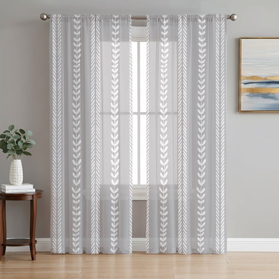 Boho Leaves Sheer Curtains 84 Inch Length 2 Panels Set, Grey Abstract Vintage Stripes Farmhouse Voile Window Treatment Rod Pocket Curtains Sheers Drapes for Bedroom/Living Room/Kitchen 52"x84"x2