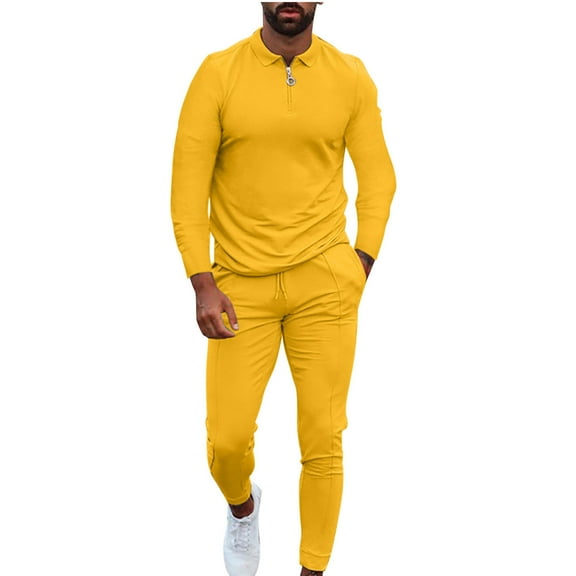 Odeerbi Mens Tops Sets Fall Coat 2025 Casual Solid Slim Lapel Zipper Sports Long Sleeve Elastic Drawstring Trouser Set Yellow