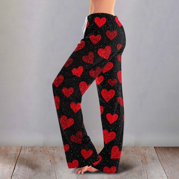 Women's Casual Fashion Comfort Pajama Pants, Print Drawstring Pants Full Length Long, Love Valentine's Day Pattern Lounge Pants,Black,2XL
