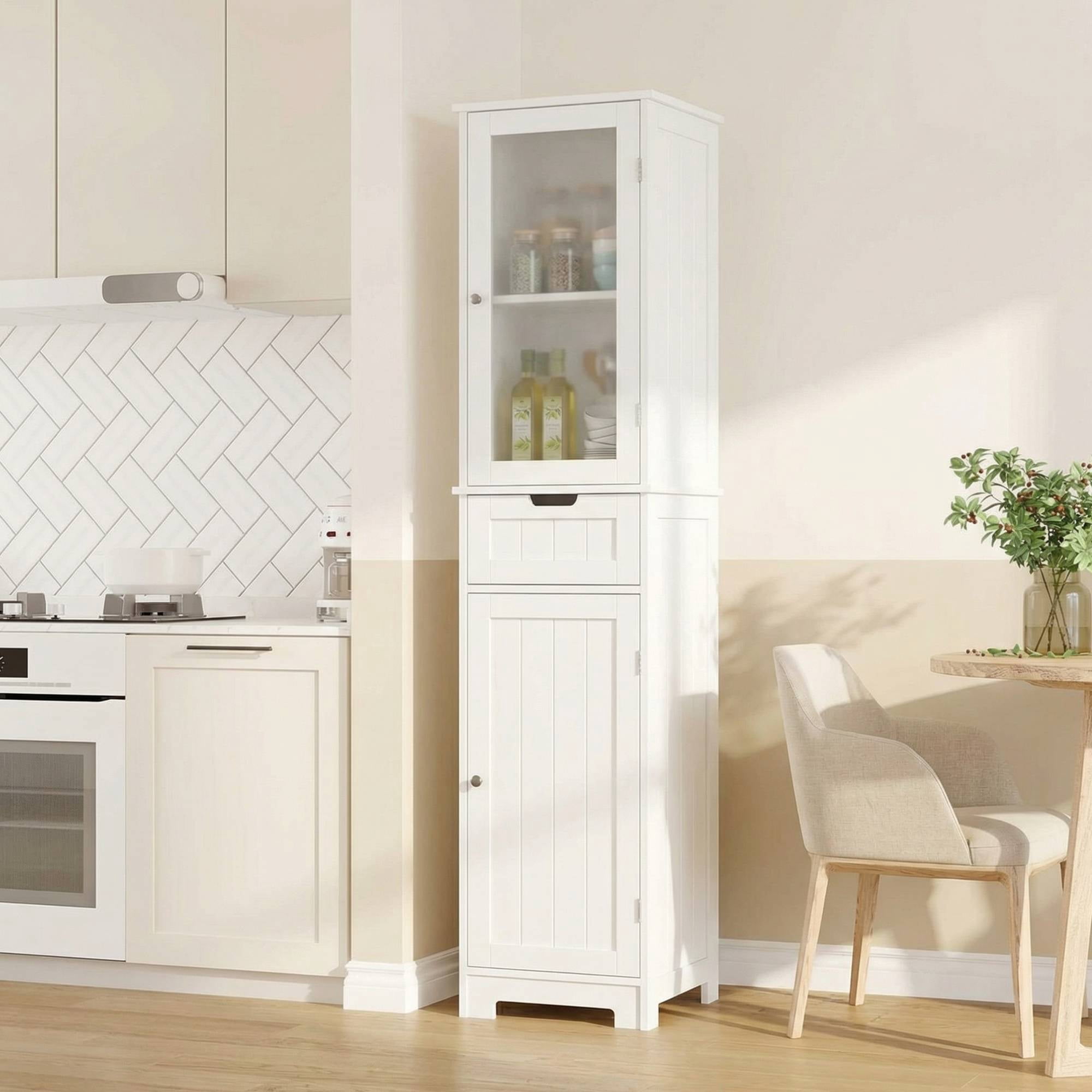 Homfa Narrow Kitchen Pantry Storage Cabinet, 67" Slim White Pantry Cabinet with Drawer and Door, Space-Saving Freestanding Storage Cabinet for Small Place