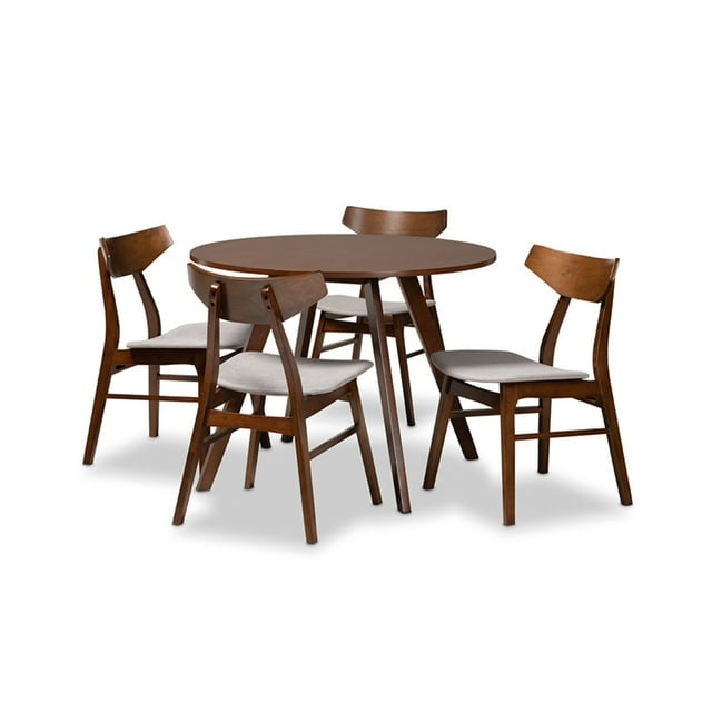 Baxton Studio Timothy Mid-Century Modern Transitional Light Grey Fabric Upholstered and Walnut Brown Finished Wood 5-Piece Dining Set