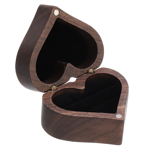 Caja de anillos de madera, caja de anillos en forma de corazón con 2 ranuras, negra