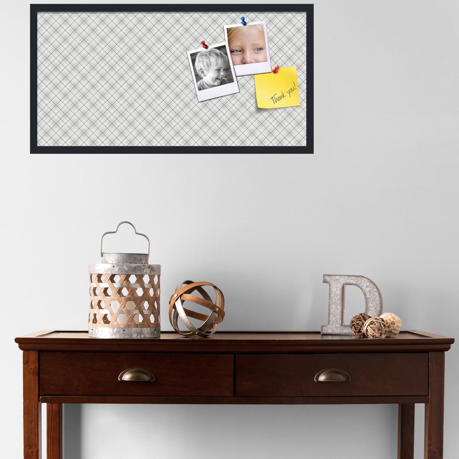 PinPix ArtToFrames 34x16 Custom Cork Bulletin Board Argyle Gray   Poster Board Has a Fabric Style Canvas Finish, Framed in Satin Black (PinPix-638)