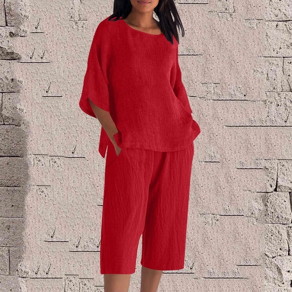 Women's 3/4 Sleeve Linen Outfits Two Piece Capris Set Loose Tunic Tops with Long Shorts Breathable Comfortable Summer Beach Vacation Wear Red 5XL