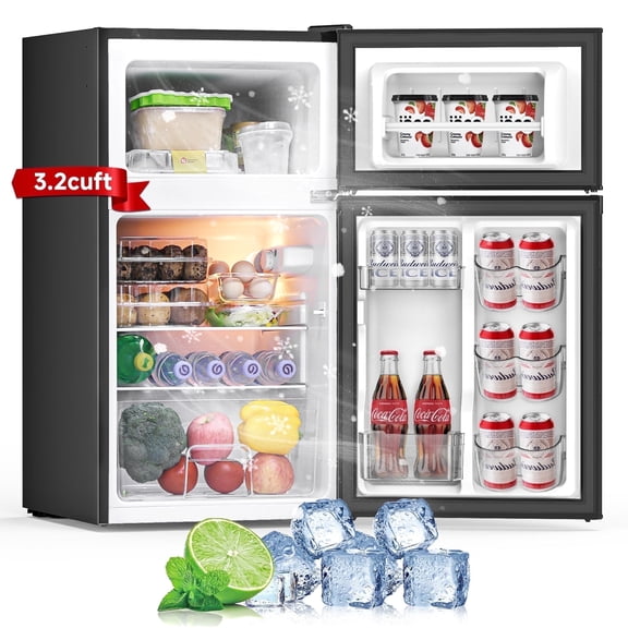 Aootek 3.2 Cu.ft Two Door Mini Fridge with Freezer Energy-Saving Compact Refrigerator Suitable for Bedroom,Apartment,Kitchens, Offices, Dormitories Black
