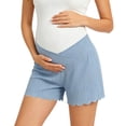 thumbnail image 2 of Costeam Womens Maternity Ribbed Shorts V Cross Over Belly Support High Waist Scalloped Wave Hem Slim Fit Stretch Soft Breathable Knee Length Pregnancy Lounge Bottoms, 2 of 9