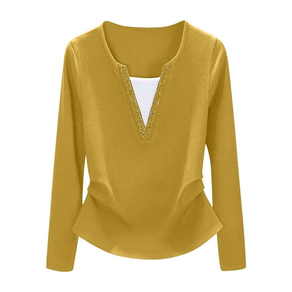 Timegard Fall Tops for Women Long Sleeve Ruched Round Neck Blouse Cropped Dressy Casual Tunic Tops