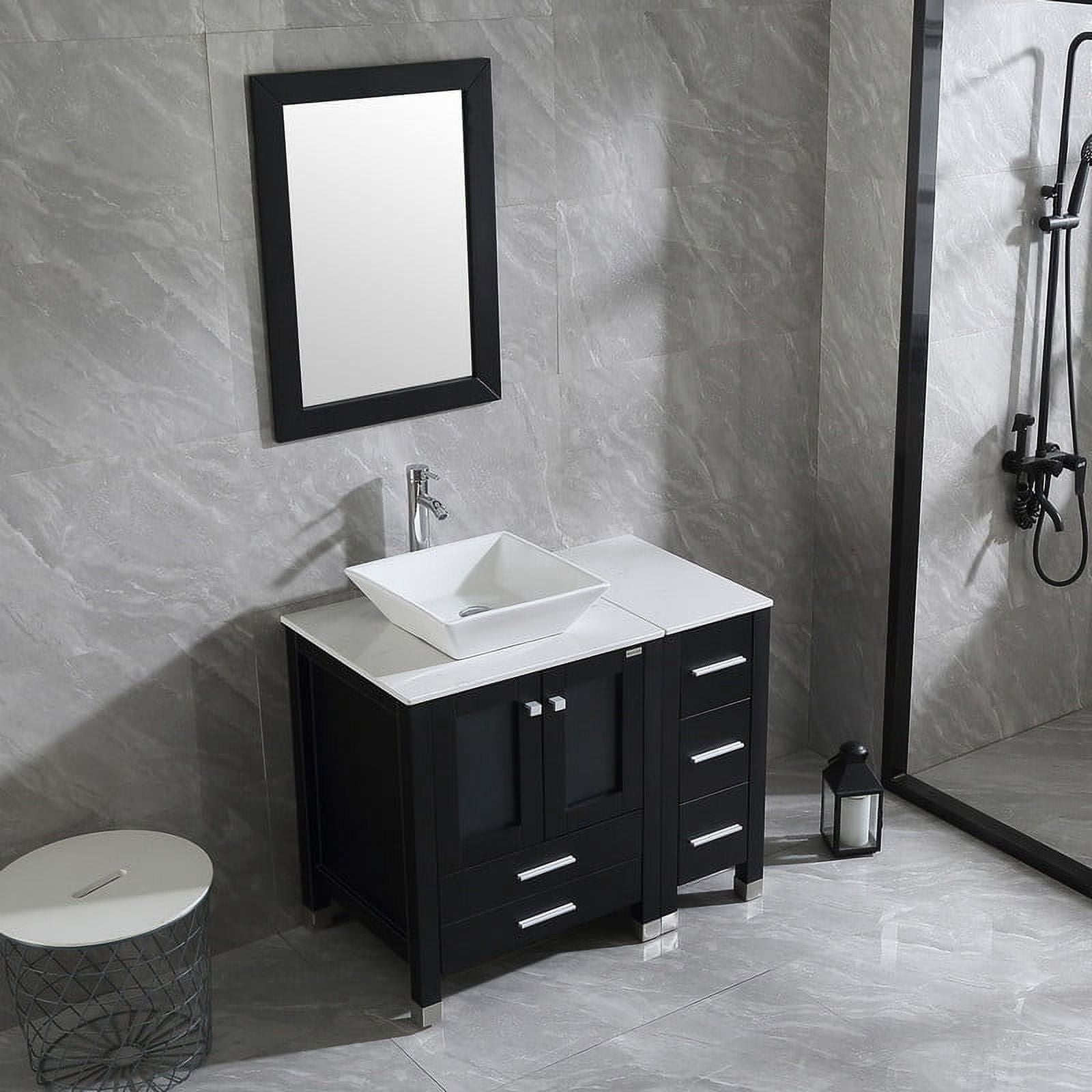 Walsport Bathroom Vanity,36" Stand Pedestal Bathroom Cabinet Top Square Ceramic Vessel Sink Faucet Drain Combo with Mirror Vanities Set,Black