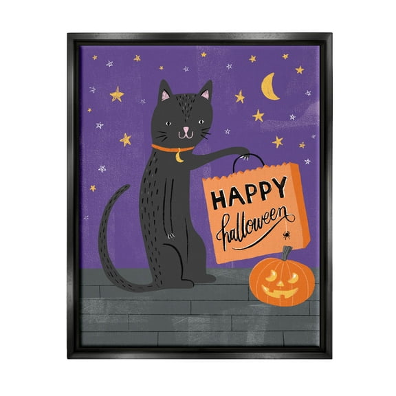 Stupell Industries Happy Halloween Black Cat Graphic Art Jet Black Floating Framed Canvas Print Wall Art, Design by Amanda McGee