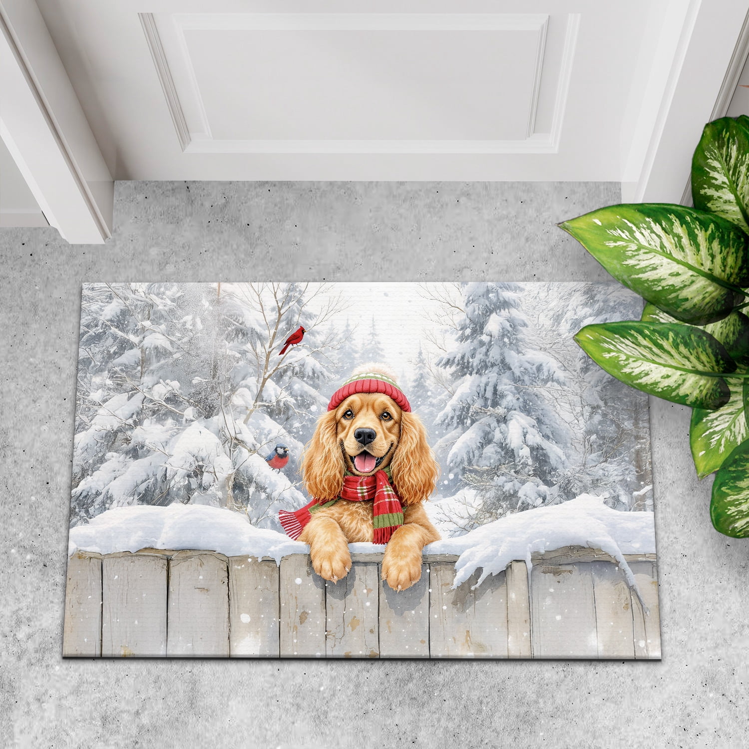 Playful Cocker Spaniel Welcomes Winter Snowy Day with Cardinal Bird Doormat Cockers Dog Lover Gifts Indoor Outdoor Welcome Mat - 2017