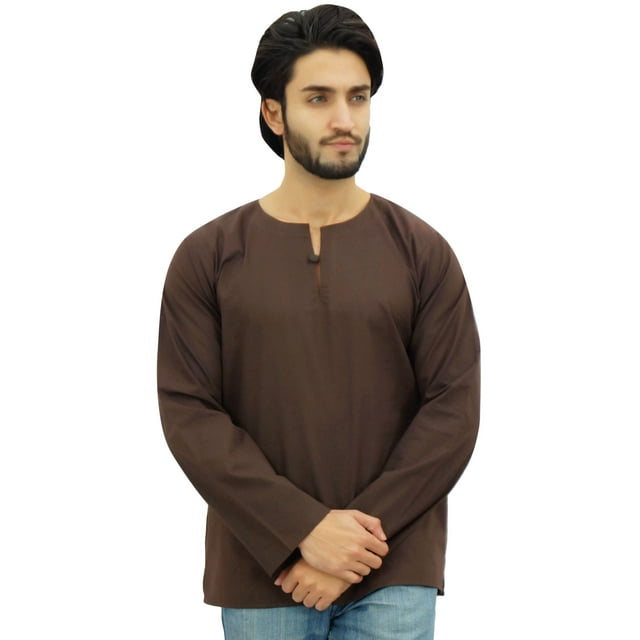 Atasi Kurta Court pour Homme Brun Col Rond Goutte d'Eau Tunique en Coton Chemise-Xx-Grand