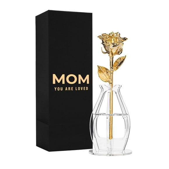 Forever Rose Mom You are Loved Bloom Box Bundle, Genuine One-of-a-Kind, Real Rose Hand Dipped in 24K Gold in a Beautiful Phantom Vase and Bloom Box