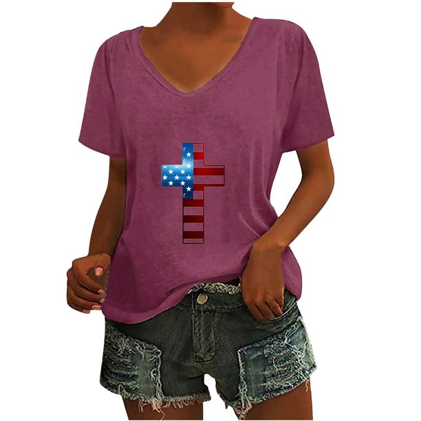 Camisetas Casuales de las Mujeres Gradiente Día de la Independencia Impreso Cuello Redondo, Blusa de Manga Corta para Diario, Fiesta Y Primavera Verano