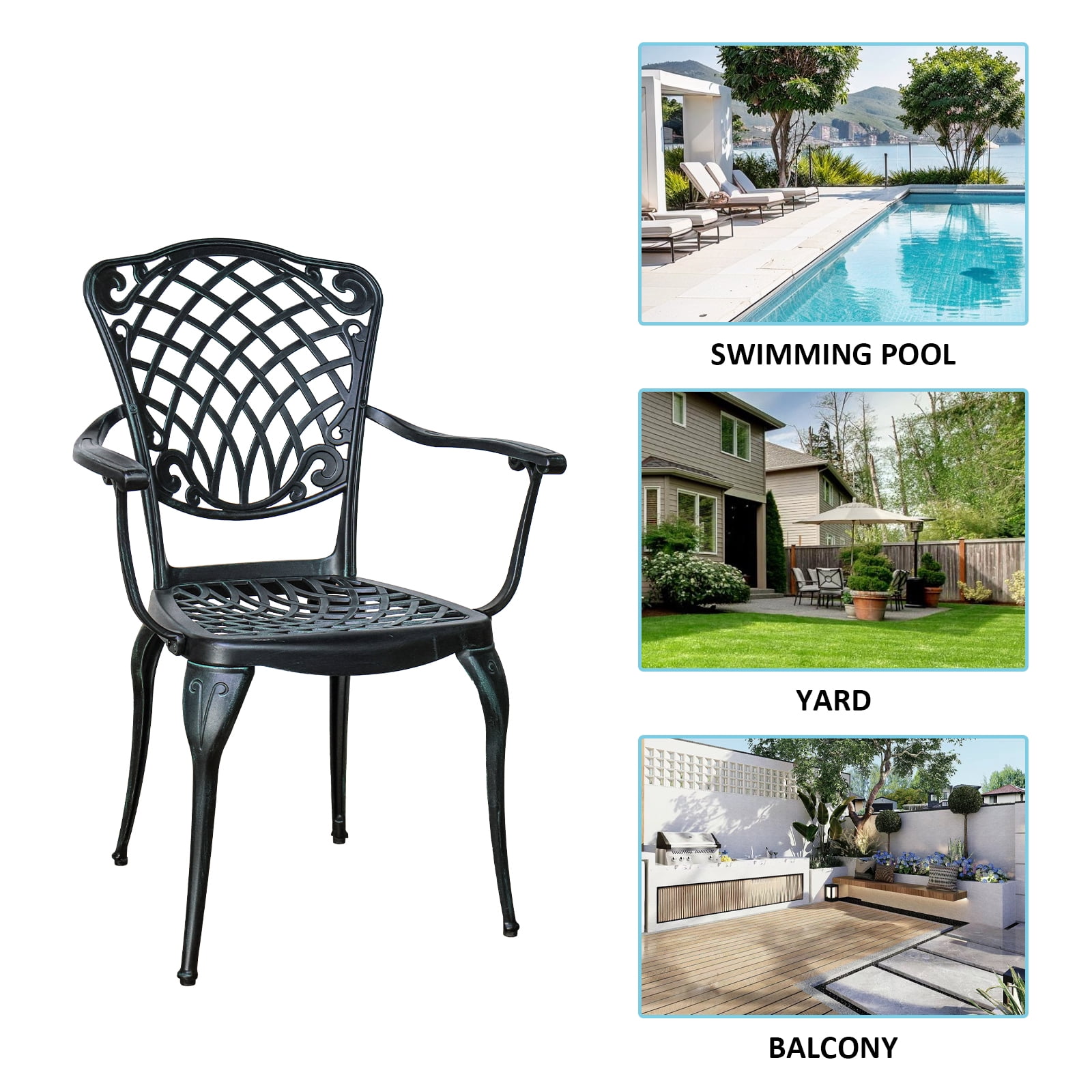 Withniture Cast Aluminum Outdoor Patio Chairs Set of 2, Vintage Green High Back Dining Chairs with Armrests, All-Weather Metal Bistro Chairs for Garden Deck Backyard