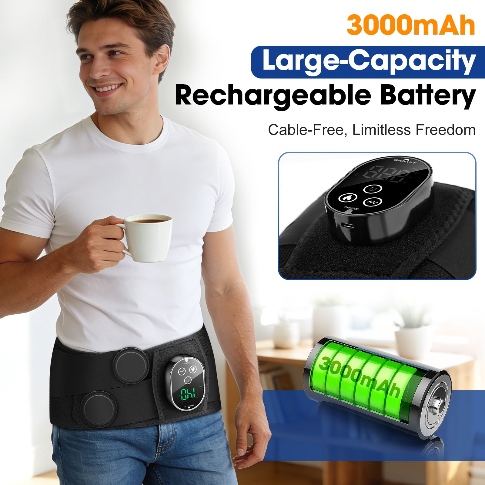 Cordless Hip Heated Massager for Sciatica, Buttock Heating Pad with Massage, Waist Massager Heated Wrap with 5 Heating, 3 Timing & Vibration Modes, 3000mAh Battery for Lower Back, Black