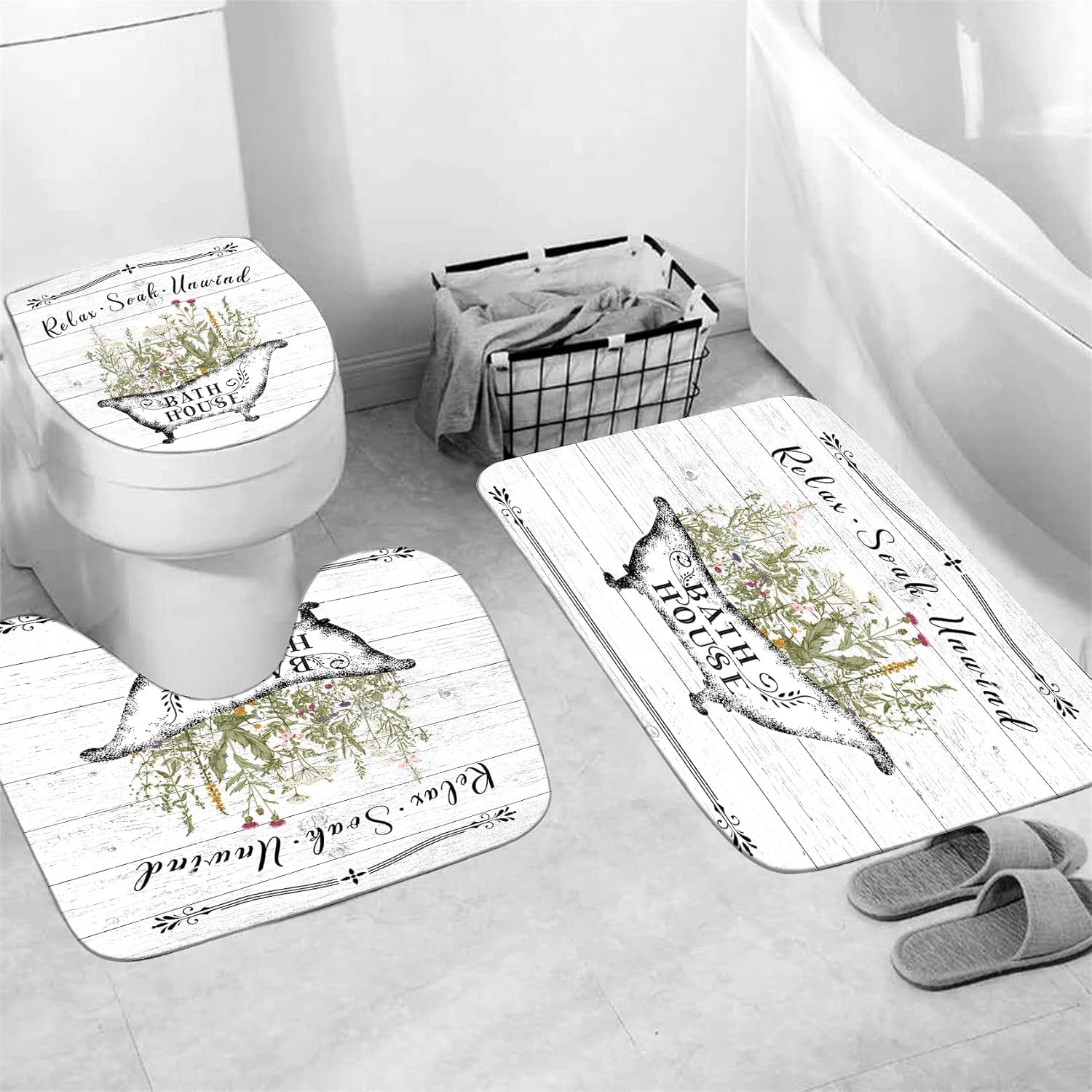 4 Pcs Floral Shower Curtain Flowers Leaves Bathroom Sets with Shower Curtain and Rugs Vintage Farmhouse Bathroom Decor Country Bathtub on Rustic Wood Backdrop Bathroom Rugs Mat Toilet Lid Cover