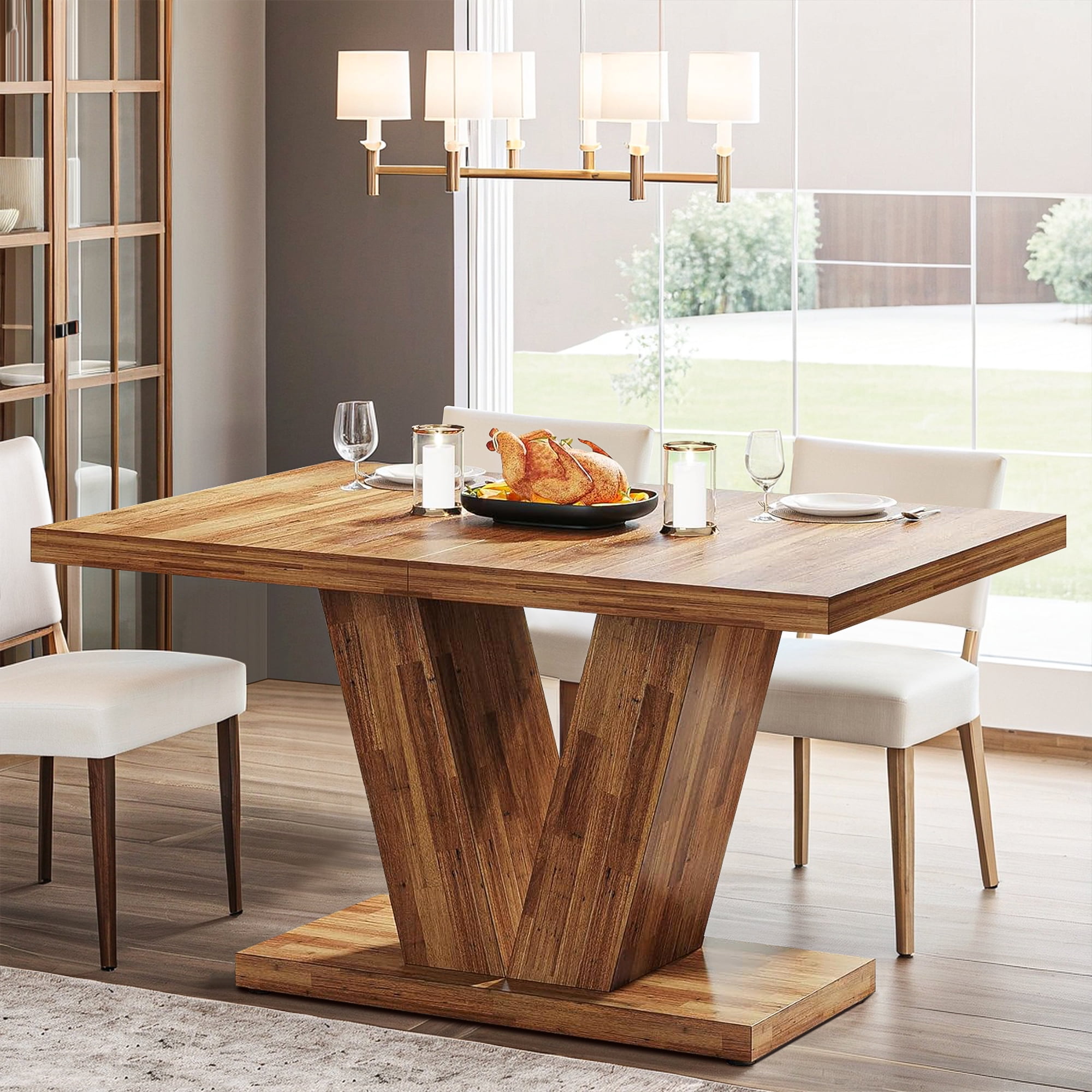 Demi Bonn 47" Modern Dining Table for 4 People, Wood Farmhouse Kitchen Table with Duty Pedestal for Dining Room, Home, Brown
