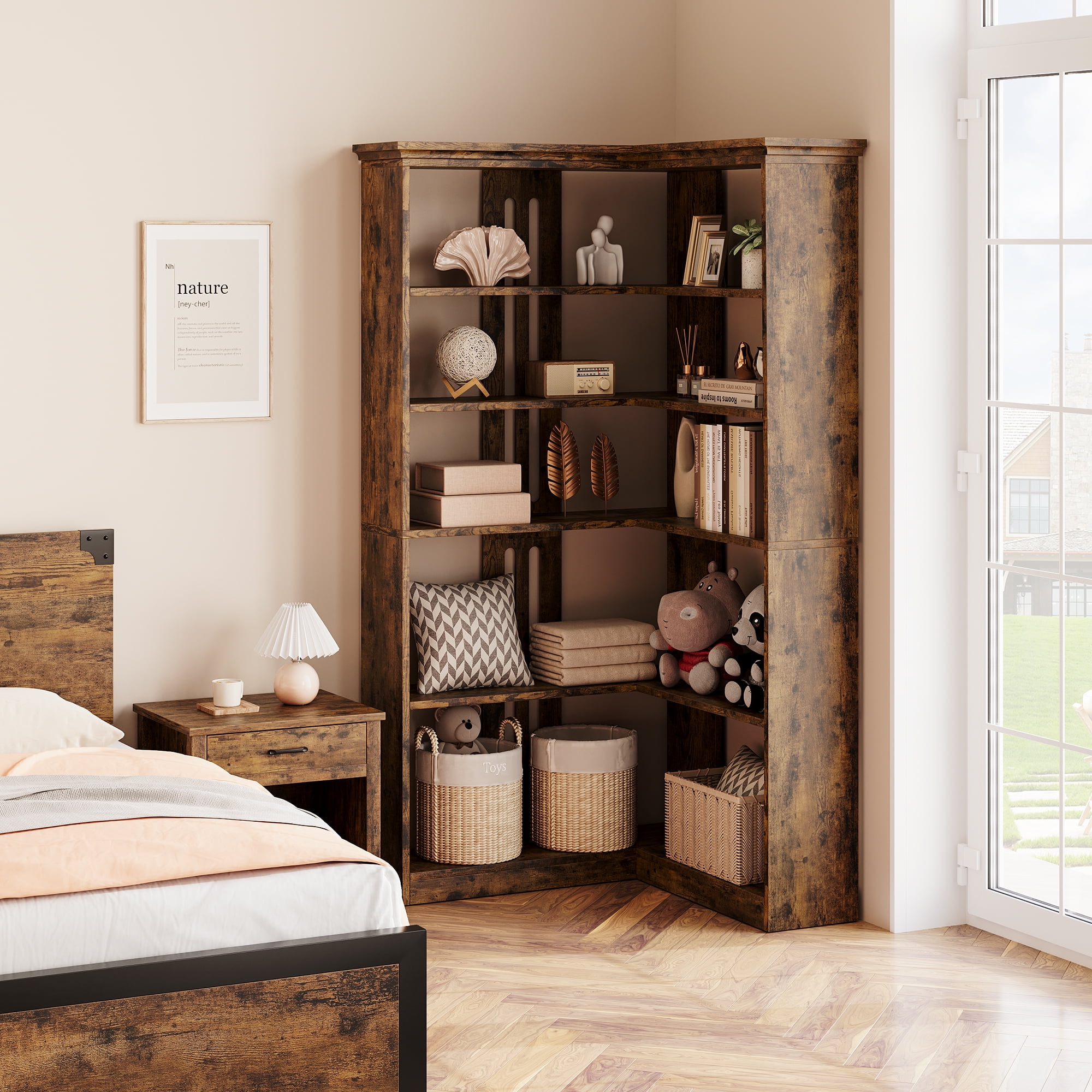 72" Corner Bookshelf, 5-Tier Corner Bookcase, Open Display Storage Rack, Tall L Shaped Bookshelf for Home, Office, Living Room