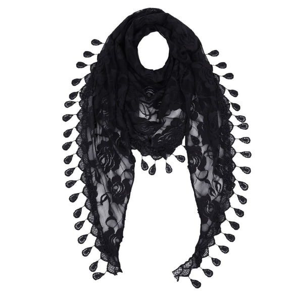 Women's Sheer Floral Lace Triangle Mantilla Scarf Lightweight Tassel Shawl Wrap Head Scarf- Black