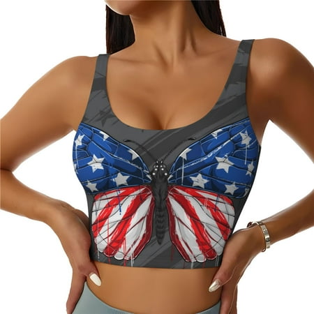 Sports Bras for Women High Support  Butterfly With USA Flag Workout Tank Tops Woman  Yoga Bra with Removable Cups