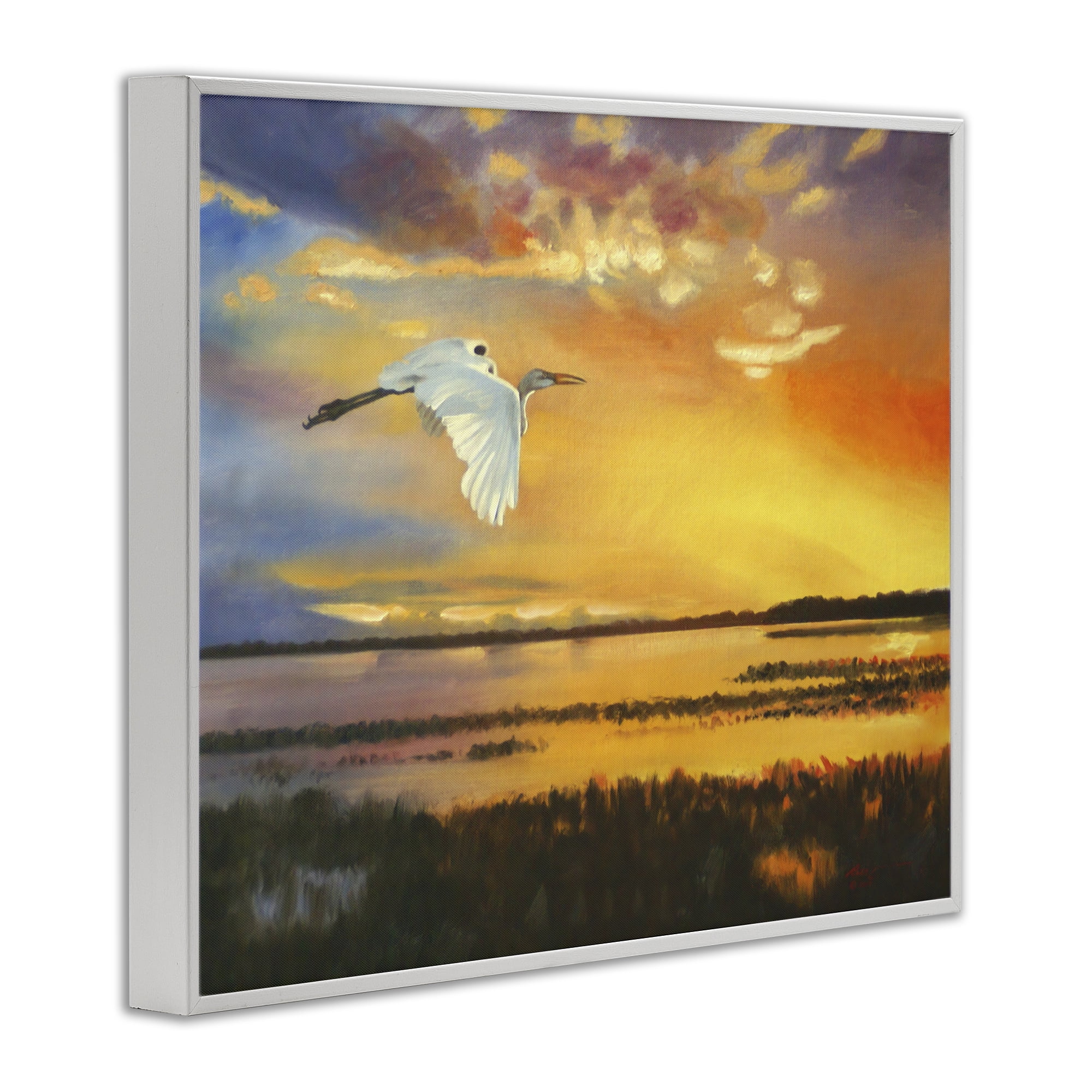 Stupell Industries Bird over Sunlit Pond Landscape Painting White Framed Art Print Wall Art, 14 x 11