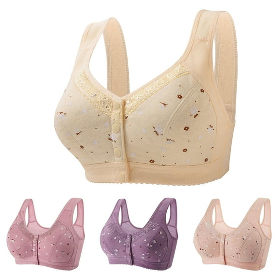 AherBiu 4pc Everyday Bras for Seniors Women Plus Size Wireless Bralette Full Coverage Floral Button Front Closure Bra