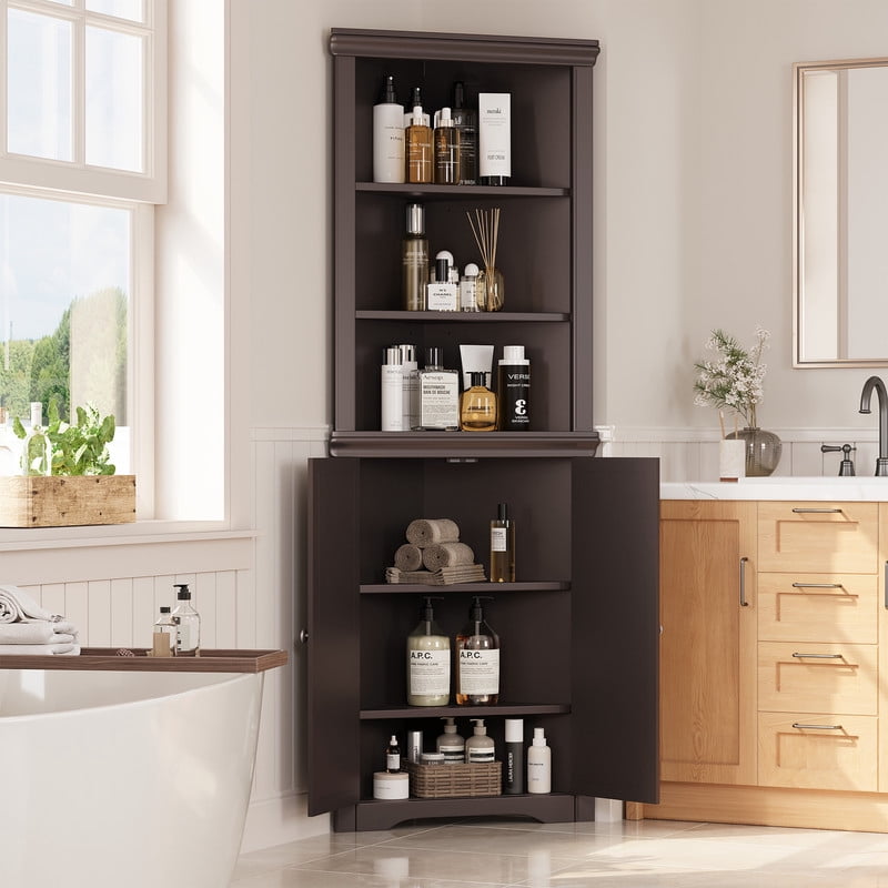 Lacoo 62'' Tall Corner Cabinet with 3 Shelves and 2 Doors, Corner Storage Cabinet Shelving Storage with Adjustable Shelves for Kitchen Living Room Bathroom, Brown