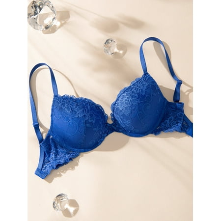 Deyllo Women s Push Up Bra Padded Plunge Add Cups Underwire Lace Lift Up Bra  royal blue 32DDD