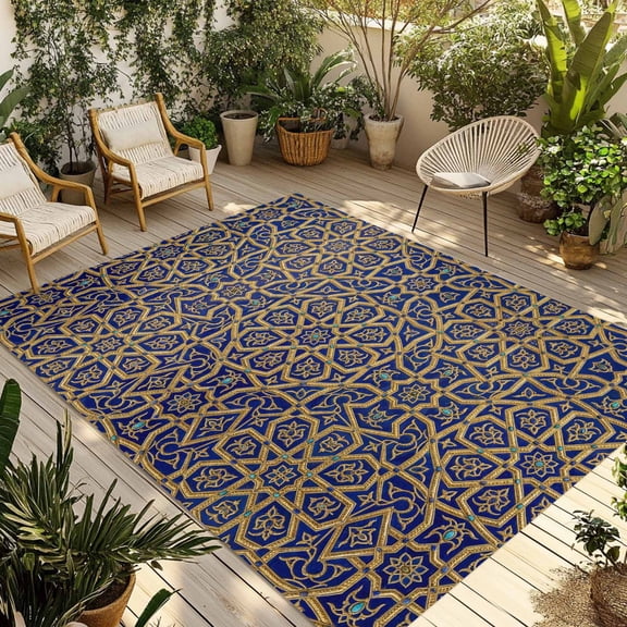 Vintage Mediterranean Outdoor Rug for Patio/Deck/Porch, Non-Slip Large Area Rug 5 x 7 Ft, Retro Morocco Abstract Art Brown Blue Indoor Outdoor Rugs Washable Area Rugs, Camping Rug Carpet Runner