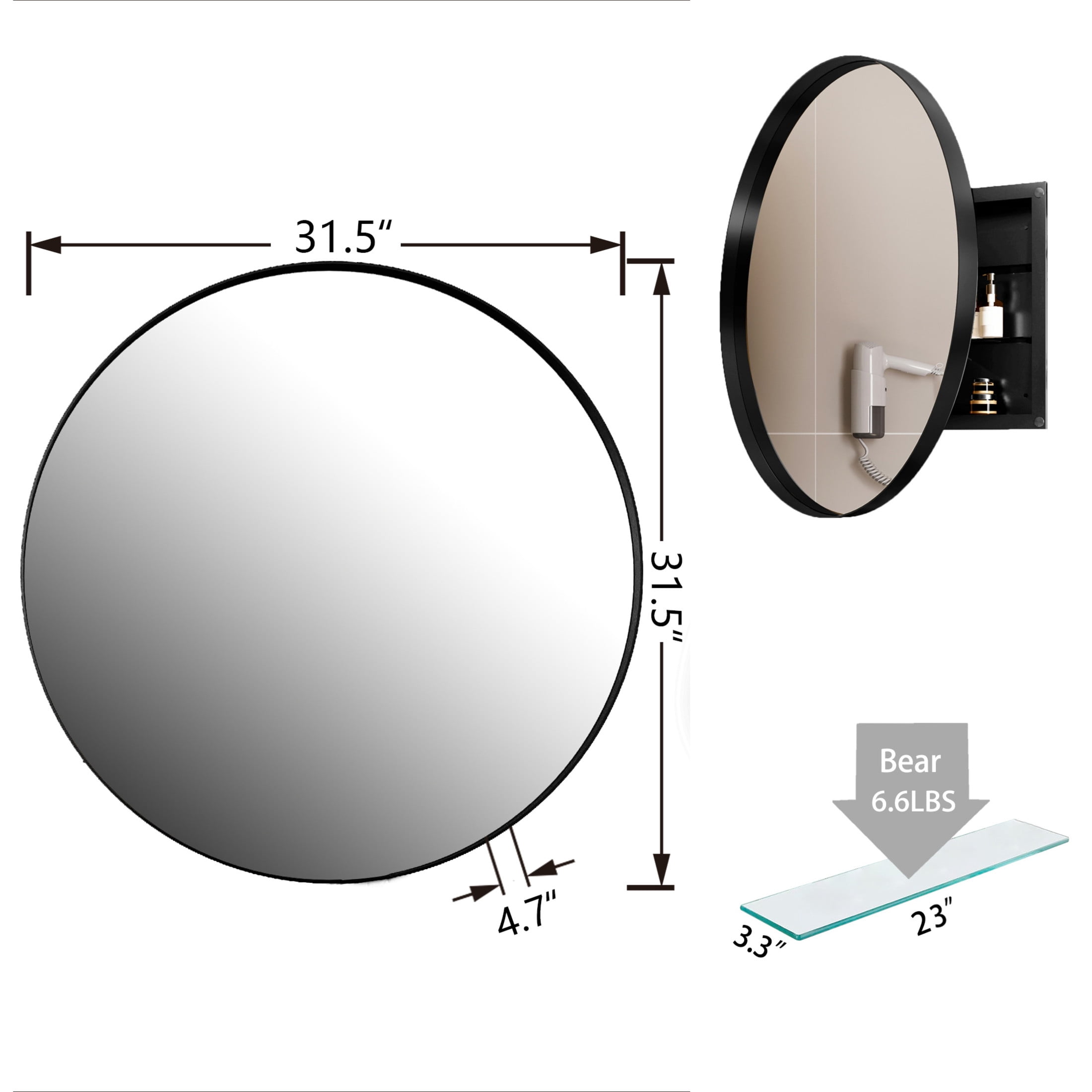 Noble House 31.5" Round Medicine Cabinet with Mirror, Metal Frame & Adjustable Glass Shelves for Bathroom, Matte Black