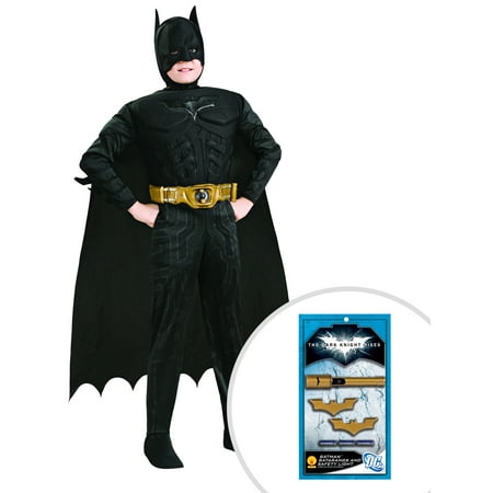 Boy's Deluxe The Dark Knight Batman Muscle Chest Costume and Batman's Gold Batarangs and Safety Light