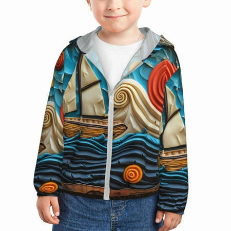 

Gaeub Whimsical Sailboat Ocean Art Print Athletic Sun Protection Hoodie for Kids Long Sleeve Outdoor UV Shirt Running Fishing Top for Boys Girls-2 Years