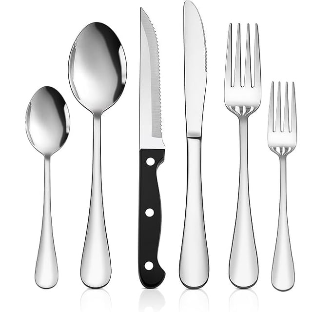 Juego de cubiertos de plata de 48 piezas con cuchillo para carne - Juego de cubiertos de acero inoxidable - Utensilios de plata brillantes con cuchillo de mesa/cucharas/tenedores para 8