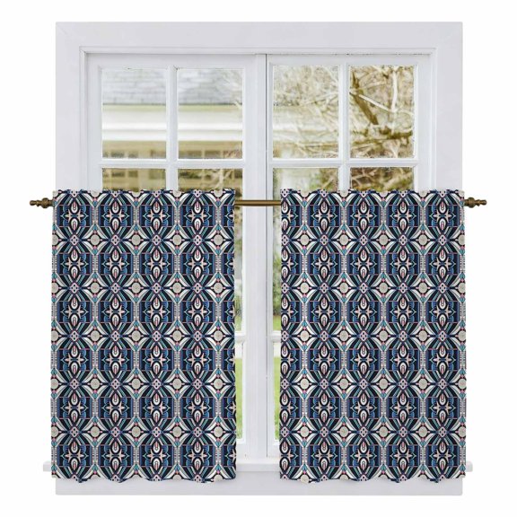 Blue Pink Geometric Tier Curtains, Ethnic Boho Modern Abstract Art Light Filtering Kitchen Curtains, 2Pcs Rod Pocket Half Window Treatments Panels for Sink Cafe Cabinet Basement 27.5x45 Inches