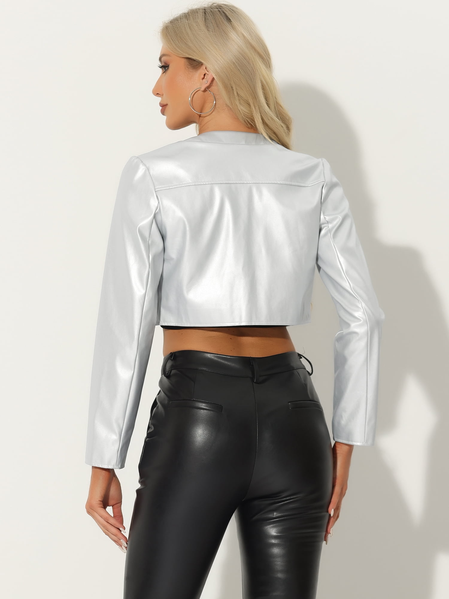 DARING DIVA Women's PU Bolero Shrug Leather Cropped Jacket Cardigan M Silver