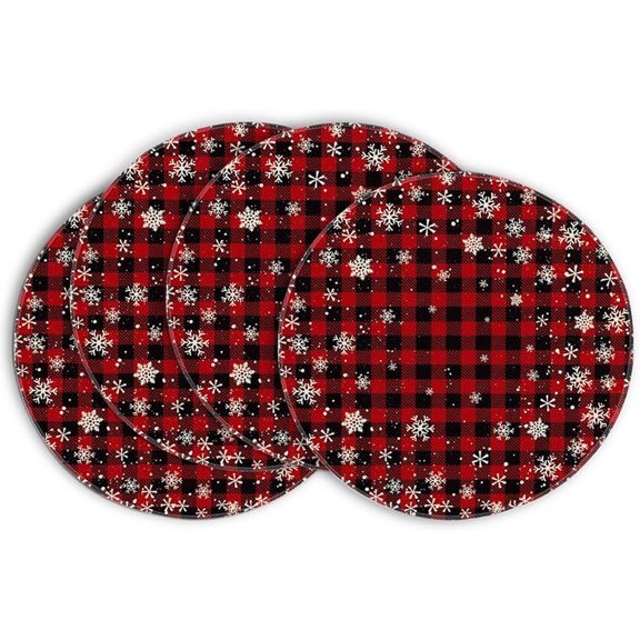 Red and Black Buffalo Plaid Snowflakes Christmas Round Placemats Set of 4, 14 Inch Winter Round Table Mats for Dining Decoration