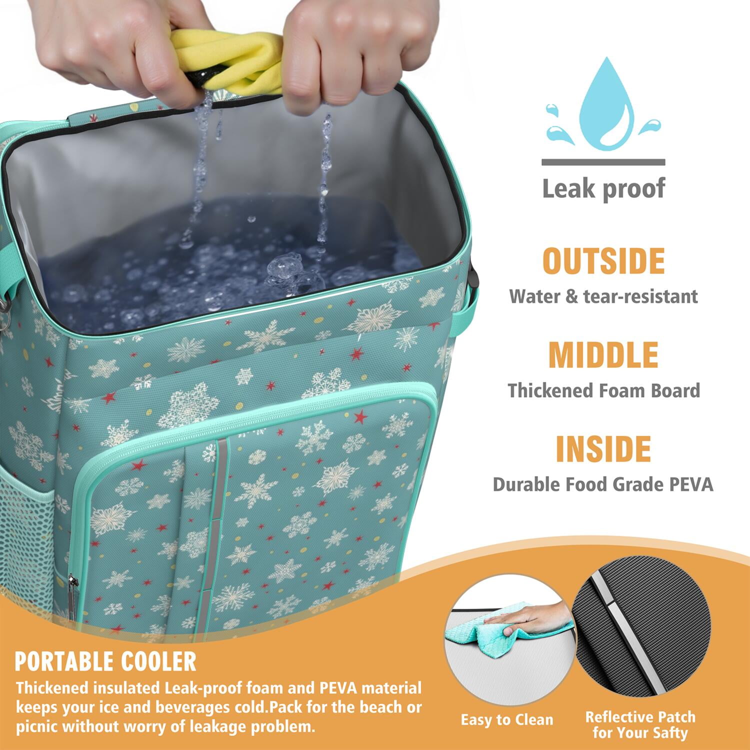 Travel Cooler Bag - Blue Christmas Snowflake and Star Pattern Camping Beer Cooler Backpack with Bottle Opener- Waterproof Insulated Picnic Backpacks - Cooler Bag for Beach