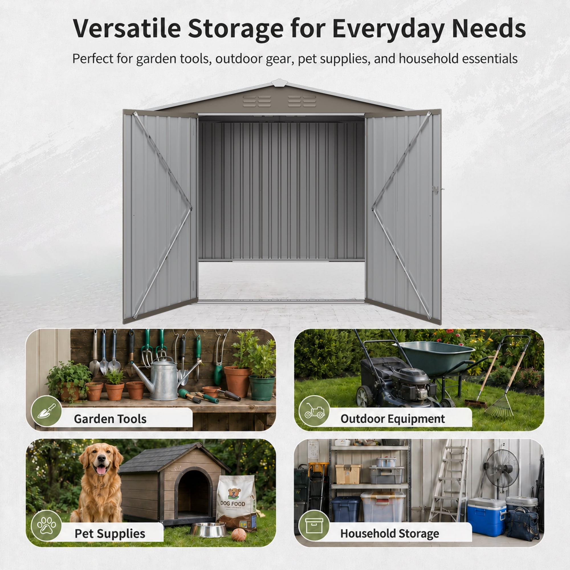 Leumius 8x6 FT Outdoor Metal Storage Shed, Galvanized Steel Panel Tool House with Lockable Double Door & Built-in Vents for Backyard, Patio, Lawn Olive Grey