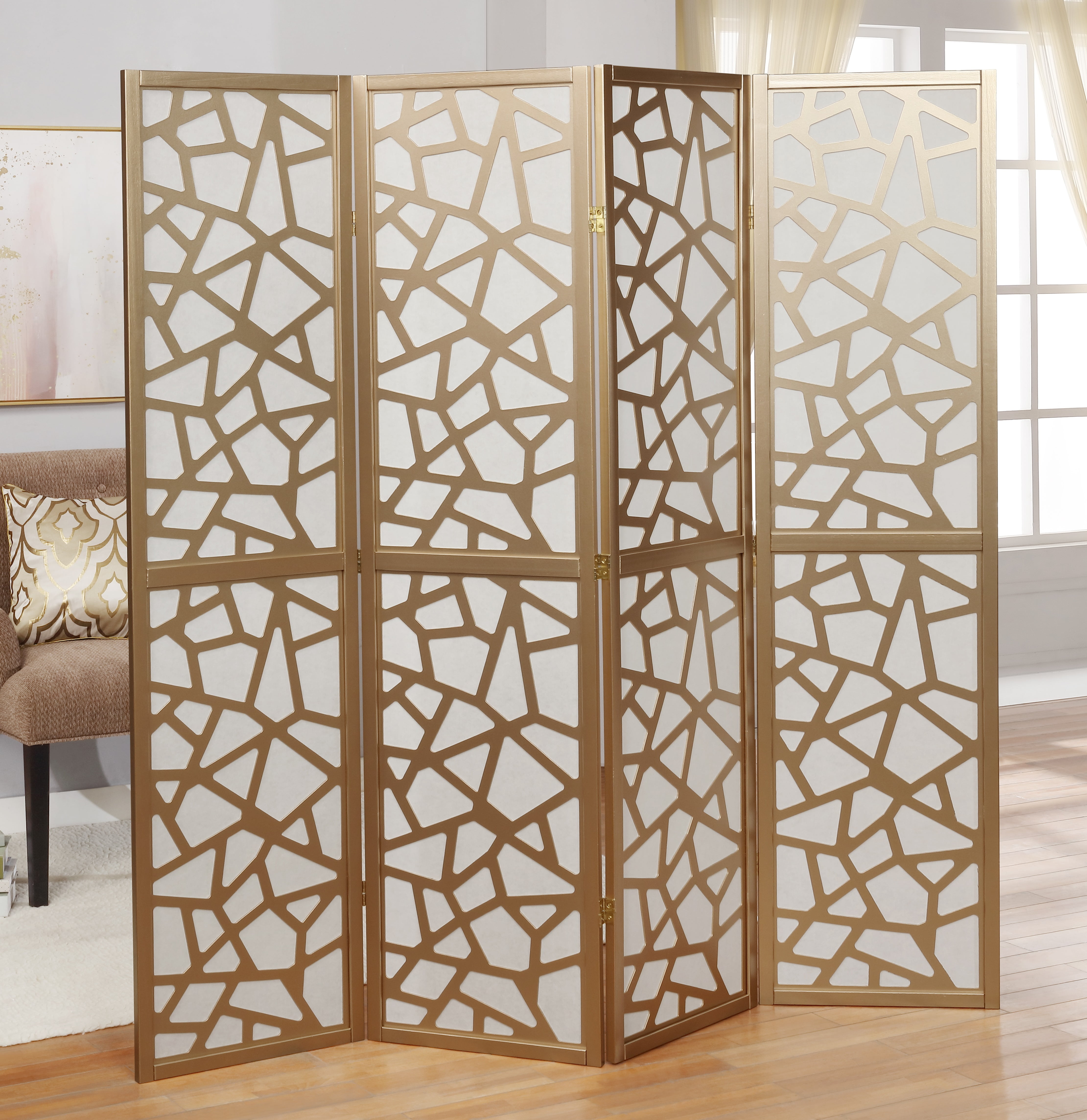 Roundhill Furniture Giyano 4 Panel Wood Frame Room Divider, 70.3" Tall, Gold