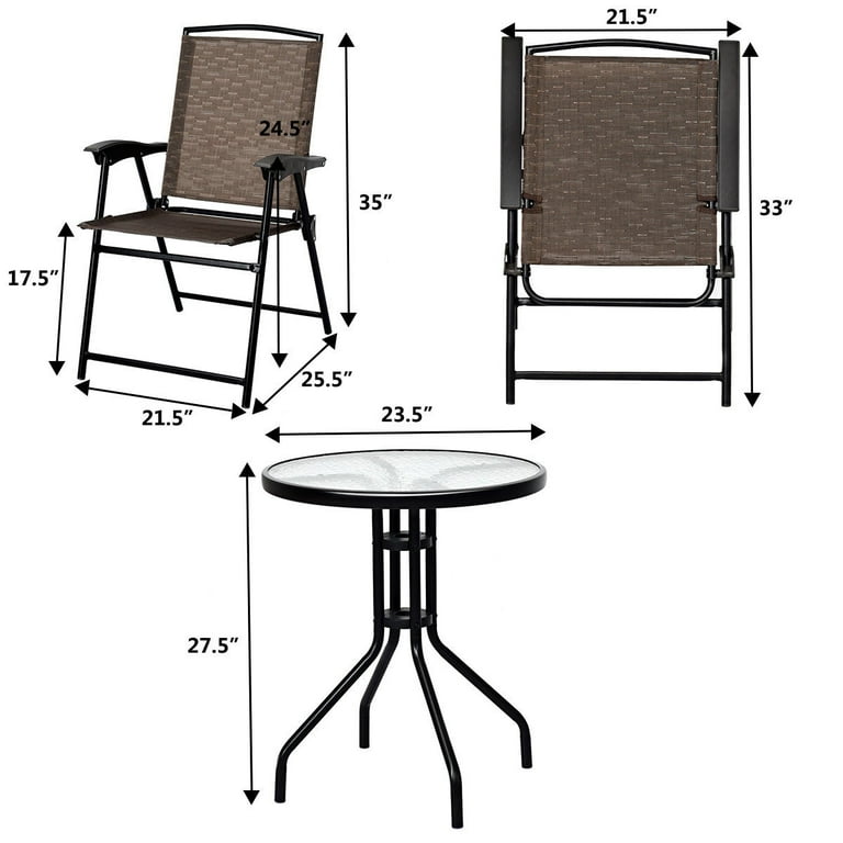 Costway 3pc bistro patio garden furniture set 2 folding chairs glass table top steel hot sale