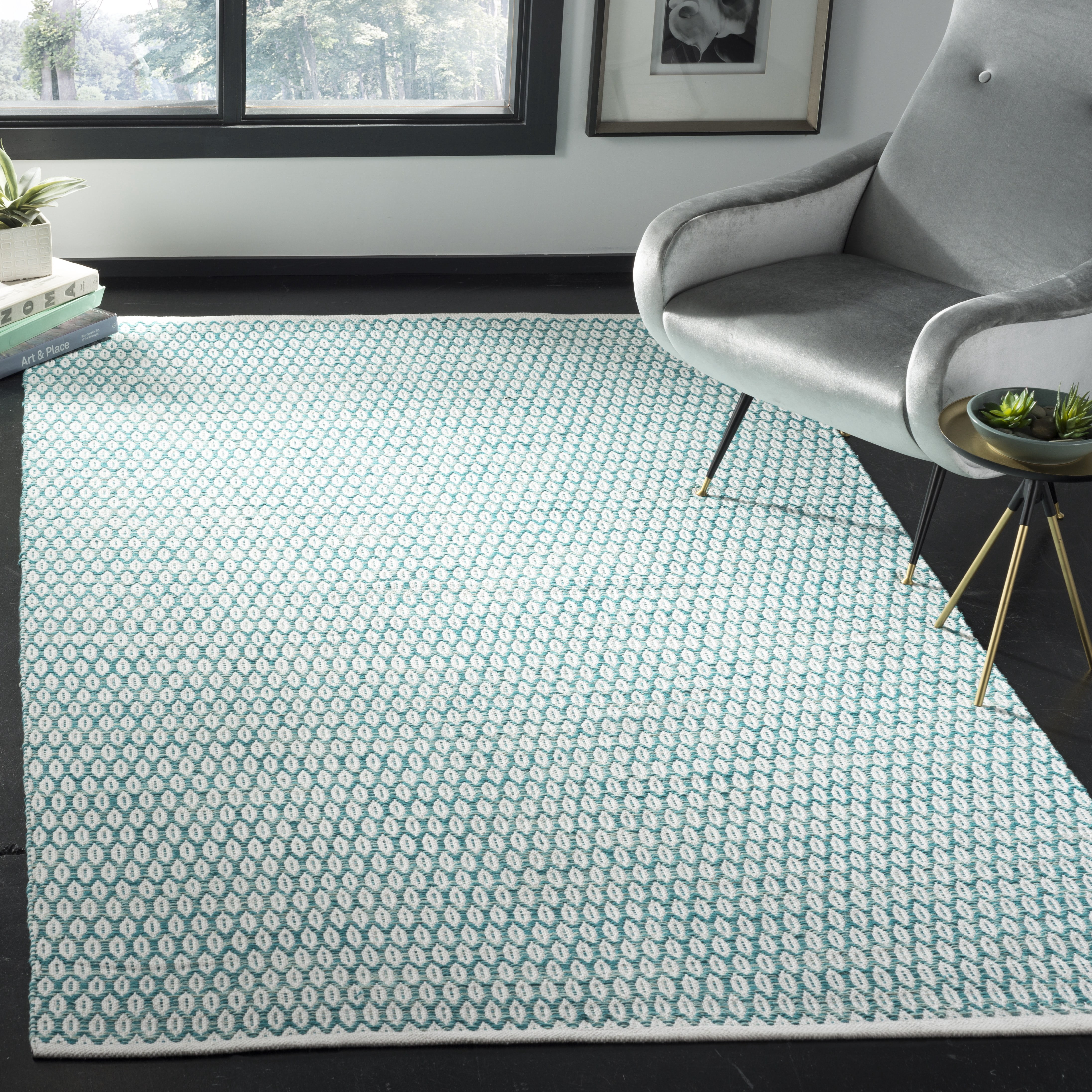 SAFAVIEH Montauk Crystal Geometric Cotton Area Rug, Aqua/Ivory, 9' x 12'
