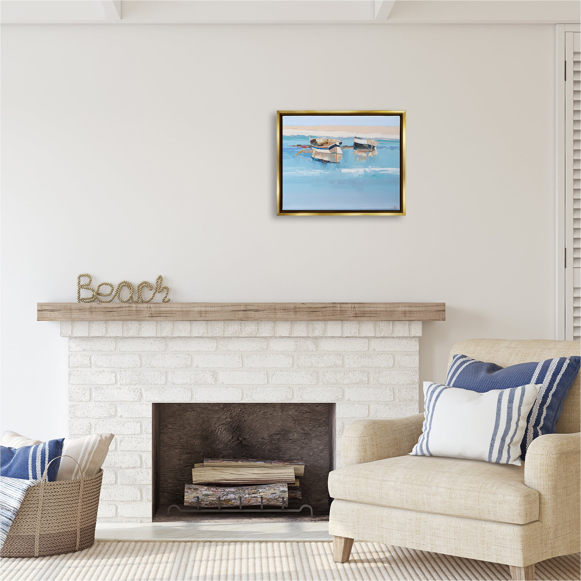 Stupell Industries Boats on Shore Painting Transportation Painting Gold Floater Framed Canvas Art Print Wall Art, 21 x 17